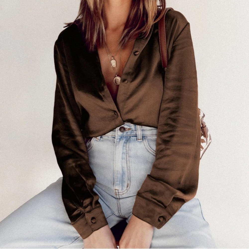 NWOT - Princess Polly Brown Satin Long Sleeve Button Up Top